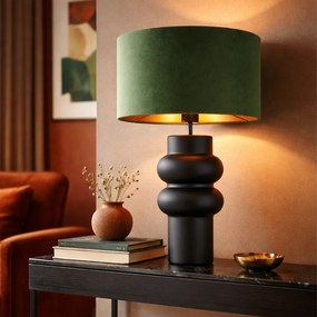 Дизайнерска настолна лампа черен кадифен абажур зелен със злато 35 см - Alisia