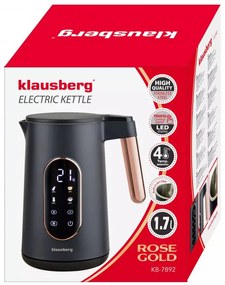 Електрическа кана Klausberg KB 7892, 2200W, 1.7 л, 13 настройки, 4 програми, LED дисплей, Въртяща се основа, Черен/Розово злато