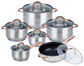 Комплект тенджери и тиган Kinghoff KH 1765, 12 ч, Индукция, Инокс/розово злато