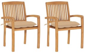 3063270 vidaXL Градински столове, 2 бр, бежови възглавници, тиково дърво масив