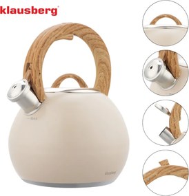 Свирещ чайник Klausberg KB 7956, 3l, Термоизолирана дръжка, Многослойно дъно, Индукция, Бежов