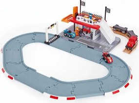 Hape - Състезателна писта с 2 колички и влакче автовоз H3734