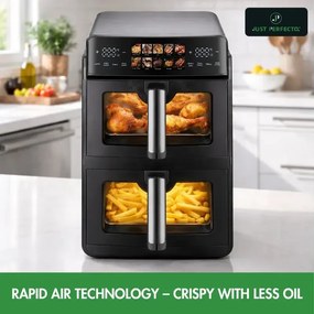 Двоен фритюрник с горещ въздух Just Perfecto JP-AF10DB, 2600 W, 10 л, 10 програми, 80-200 C, Rapid Hot Air Circulation, Синхронизирано готвене, Черен