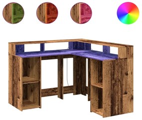 3309454 vidaXL Бюро с LED осветление старо дърво 130x130x91 см инженерно дърво