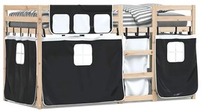 3283937 vidaXL Двуетажно легло със завеси, бяло и черно, 90x190 см, бор масив