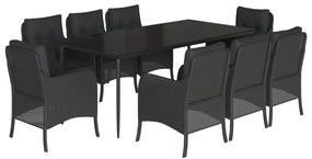 3211926 vidaXL Градински трапезен комплект възглавници 9 части черен полиратан