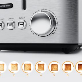 Тостер за хляб AENO ATS0003, 950W, 6 вида хляб, 7 нива на изпичане, Подгряване, Размразяване, LED, Инокс