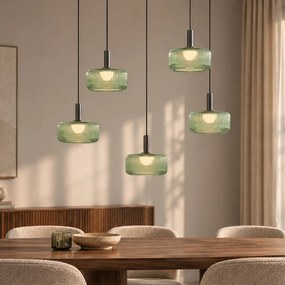 Fiera Designer Pendant Lamp: Gunmetal Finish with Green Glass, Integrated LED, 3-Step Dimmable, 5-Light Easylift