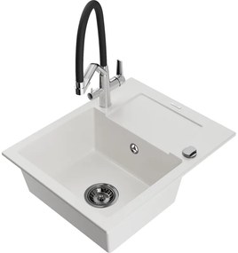 Mexen Enzo гранитна мивка 1-камера с отцеждач и кухненски кран Duo, бял - 6506-20-671701-07-B