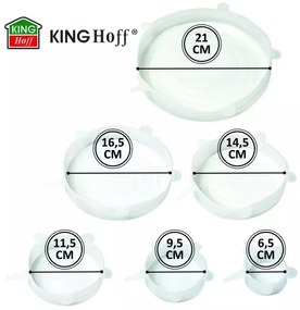 Комплект 6 бр. силиконови капаци Kinghoff KH 1902, -40 до 230°C, Плътно и херметично прилепване, Многократна употреба, Универсални, Прозрачен