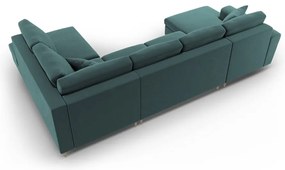 Кадифен разтегателен ъглов диван с място за съхранение в петролен цвят (десен ъгъл/U форма) Kyoto – Cosmopolitan Design