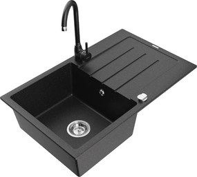 Mexen Bruno гранитна кухненска мивка с 1 отделение и отцедник и кухненски смесител Telma, черно/сребристо - 6513-73-670200-70