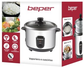 Уред за варене на ориз Beper 90.550, 400W, 1 л, До 625г ориз, Поддържане на топлината, Инокс