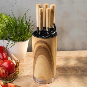 Комплект кухненски ножове Klausberg KB 9036, 7 ч, Неръждаема стомана, Дървесен ефект, Стойка, Кафяв