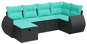 3325583 vidaXL Градински диван с възглавници, 6 части, черен, полиратан