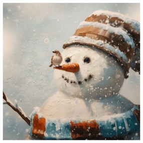 Картина на платно Коледна – Снежен човек и приятел врабче