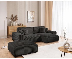 Тъмносив разтегателен ъглов диван от рипсено кадифе с място за съхранение (десен ъгъл) Sarina – Ropez