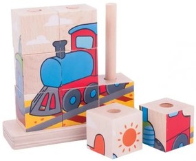 Bigjigs - Дървени кубчета за нанизване - Превозни средства