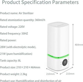 Овлажнител и стерилизатор за въздух 2в1 Attractive BREEZE, За до 40 м2, 8 л, 360мл/ч, 3 степени, Тъчскрийн, Водна и стерилизационна мъгла, Бял