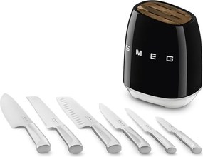 Комплект ножове със стойка SMEG KBSF02BL, 7 части, Слотове от акациево дърво, Немска неръждаема стомана, Черен