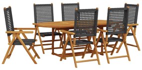 3281718 vidaXL Градински трапезен комплект, 7 части, черен, полиратан и масив