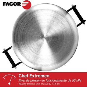 Тенджера под налягане Fagor Chef Extremen 100602653, 15 л, 30 см, 50 kPa, 3 системи за безопасност, Алуминий, Сребрист