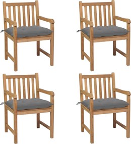 3073020 vidaXL Градински столове, 4 бр, сиви възглавници, тиково дърво масив