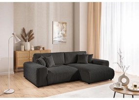 Тъмносив разтегателен ъглов диван от рипсено кадифе с място за съхранение (десен ъгъл) Sarina – Ropez