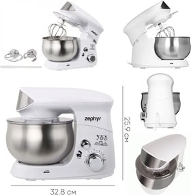 Планетарен миксер с иноксова купа ZEPHYR ZP 1115 R, 700W, 3.5 литра, 6 степени, Приставки, Бял