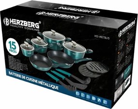 Втора ръка: Комплект съдове за готвене Herzberg HG-METBL15, 15 части, Мраморно покритие, Стъклени капаци, Индукция, Ментово зелен