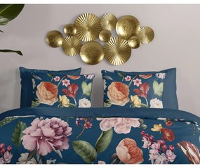 Тъмносиньо единично удължено спално бельо от памучен сатен 140x220 cm Fiori – Descanso