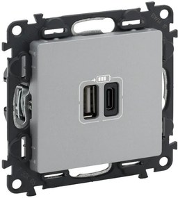 Legrand Розетка 2хUSB за зареждане тип A+C 3A 15W цвят Aлуминий Valena Life - 753306