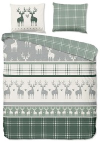 Зелено-кремаво двойно удължено фланелено спално бельо 200x220 cm Bjirk – Good Morning