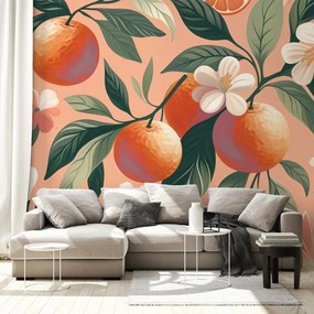 Самозалепващ тапет – Портокали и цветя на кайсиев фон