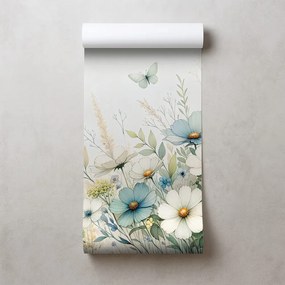 Тапет – Пастелни полски цветя и летящи пеперуди