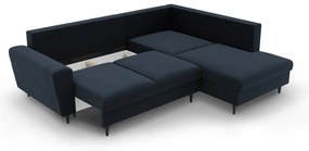 Тъмносин кадифен разтегателен ъглов диван с място за съхранение (десен ъгъл/L форма) Kyoto – Cosmopolitan Design
