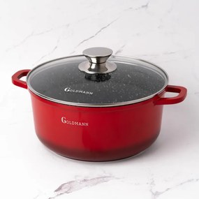 Тенджера Goldmann GM-7328R, 6.5 л, 28 см, Мраморно покритие, Стъклен капак с отвор за пара, Индукция, Червен