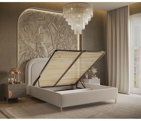 Бежово тапицирано двойно легло с място за съхранение с включена подматрачна рамка 160x200 cm Mija – Maison de Rêve