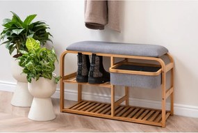 Бамбукова етажерка за обувки със сива подложка Пейка, ширина 70 cm - Leitmotiv