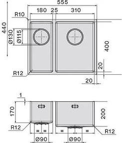 МЕТАЛНА МИВКА FALMEC COMO 31+18 (55.0x44.0) над плот/равен/под плот