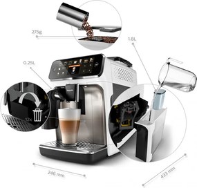 Кафеавтомат Philips LatteGo 5500 EP5543/90, 1500W, 15 bar, 1.8 л, 20 напитки, LatteGo, SilentBrew, QuickStart, Керамична мелачка, Сензорен екран, Бял хром