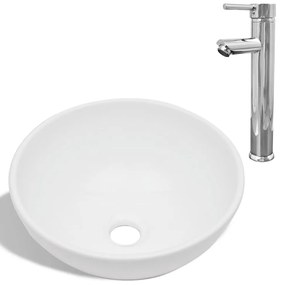 275494 vidaXL Мивка за баня със смесител, керамична, кръгла, бяла