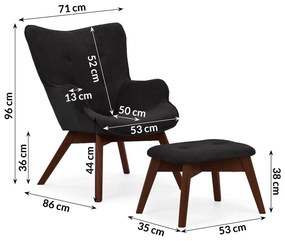 Черен фотьойл с табуретка от рипсено кадифе Niko – Ropez