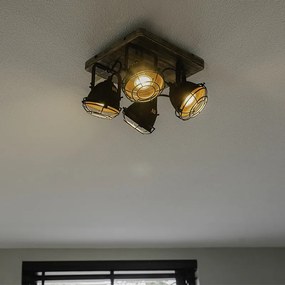 Индустриален прожектор ръждяво кафяв с дърво наклонен 4-светлина - Gina