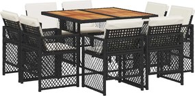 3210843 vidaXL Градински трапезен комплект възглавници 9 части черен полиратан