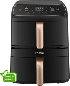 Фритюрник с горещ въздух Cosori Turbo Tower Compact CAF-DC861, 2630W, 2x4.3 л, 40-230°C, 5 програми, Керамично покритие, Синхронизация, Черен/розово злато
