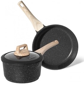 Комплект тиган и касерола Just Perfecto JL-43, 2 ч, Мраморно покритие, Без PFOA и PFAS, Стъклен капак, Индукция, Черен