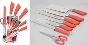Комплект ножове с поставка ZILNER ZL 5126, 8 части, Точило, Ножици, Неръждаема стомана, Червен