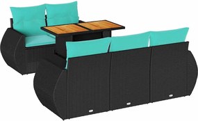 3327214 vidaXL Градински диван с възглавници, 6 части, черен, полиратан