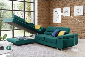Зелен кадифен разтегателен ъглов диван с място за съхранение (ляв ъгъл L форма) Anton – ELTAP